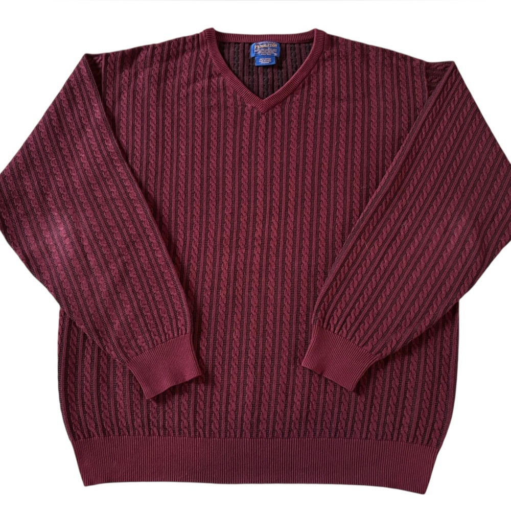 Pendleton Burgundy Cable Knit V Notch Crewneck Cotton Sweater Classic Fit Large